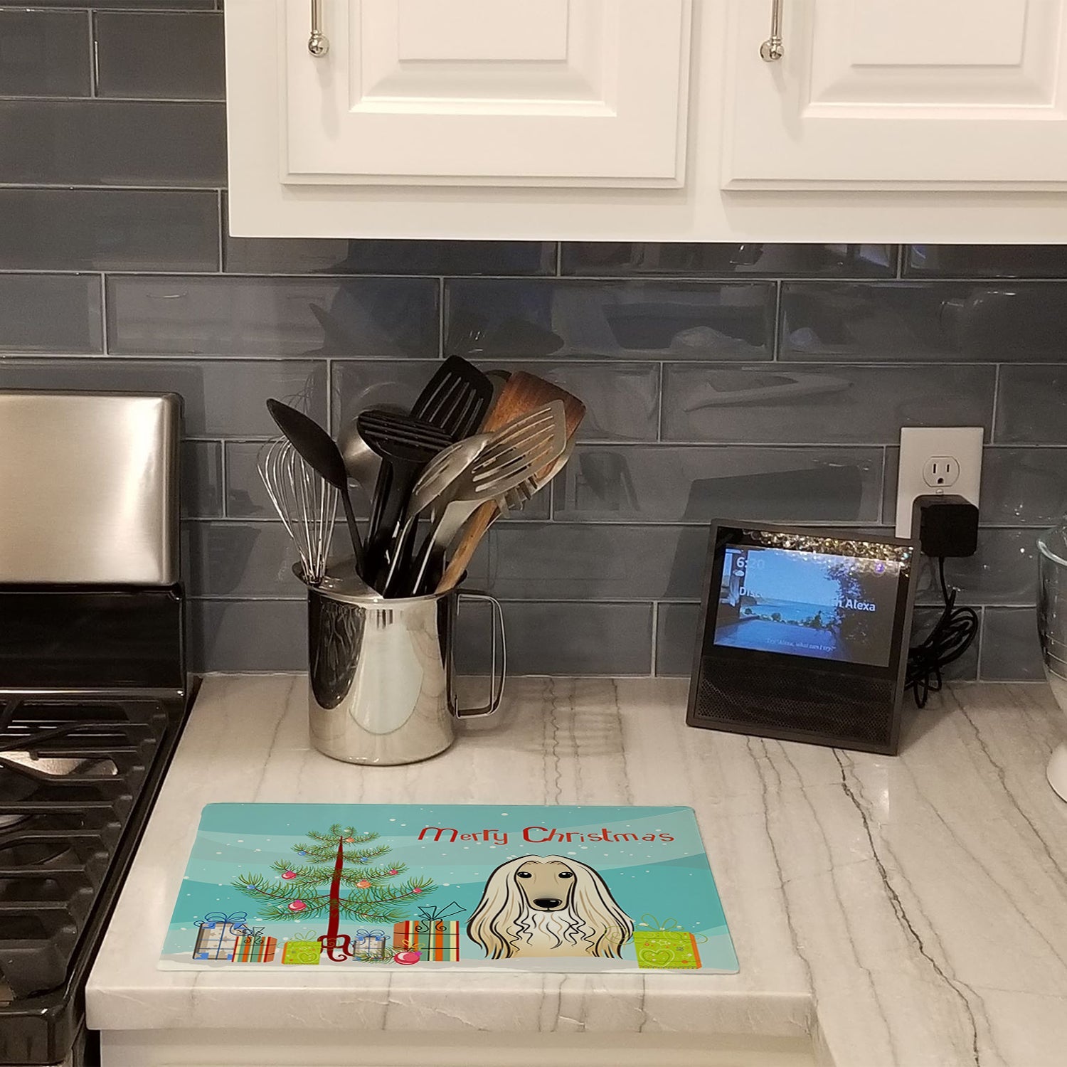 Christmas Tree and Afghan Hound Cutting Board Tempered Glass Kitchen Cutting Surface, Heat Resistant Chopping, Non-Slip Feet, Food Prep & Serving
