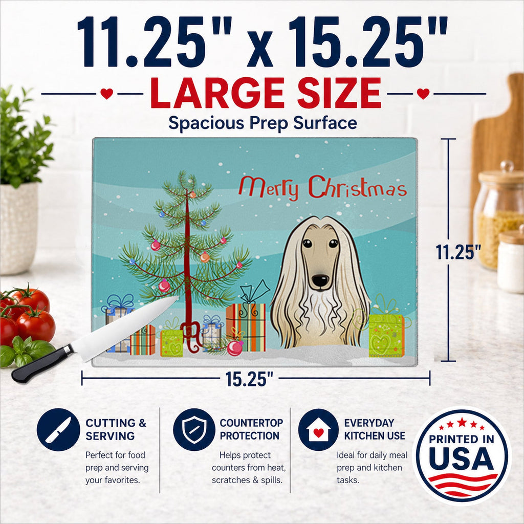 Christmas Tree and Afghan Hound Cutting Board Tempered Glass Kitchen Cutting Surface, Heat Resistant Chopping, Non-Slip Feet, Food Prep & Serving