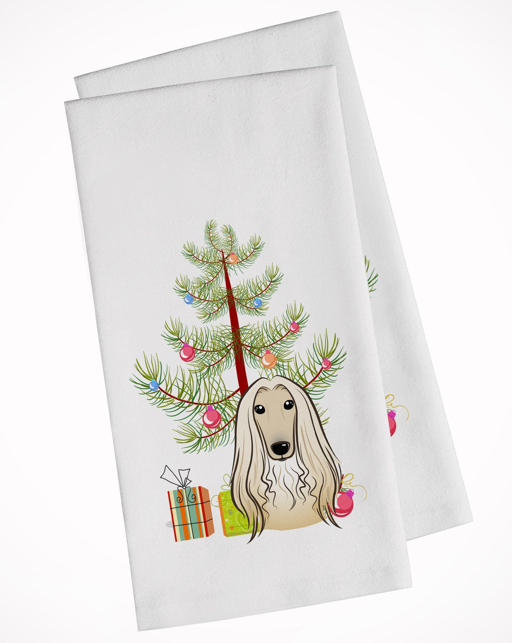 Christmas Tree and Afghan Hound Kitchen Towel Set of 2 White Dish Towels Decorative Bathroom Hand towel for Hand, Face, Hair, Yoga, Tea, Dishcloth, 19 X 28", White