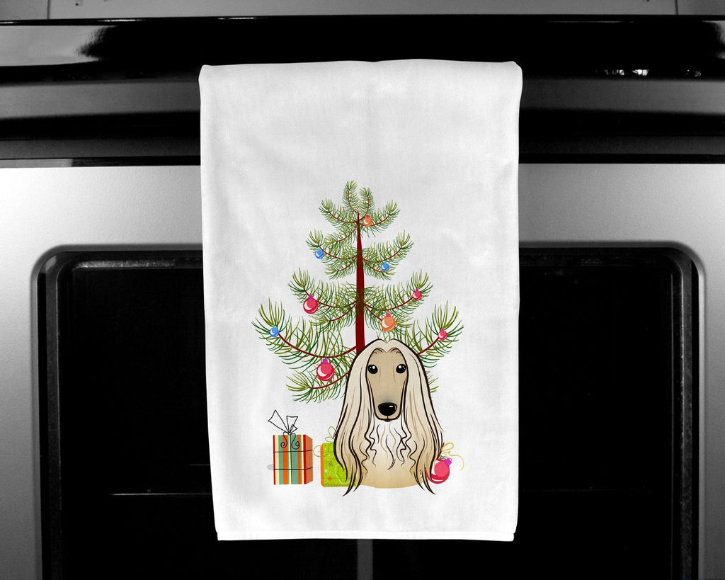Christmas Tree and Afghan Hound Kitchen Towel Set of 2 White Dish Towels Decorative Bathroom Hand towel for Hand, Face, Hair, Yoga, Tea, Dishcloth, 19 X 28", White