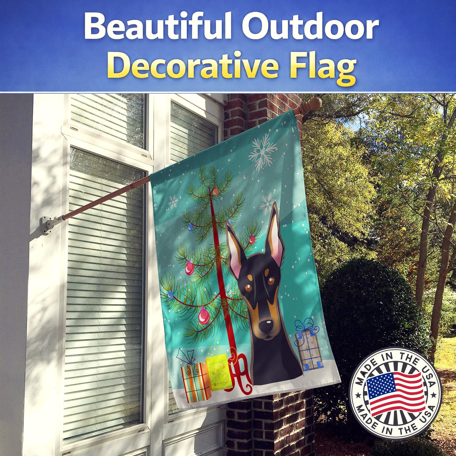 Christmas Tree and Doberman House Flag 28x40 Porch Sleeve Pole Decorative Outside Yard Banner Artwork Wall Hanging, Polyester