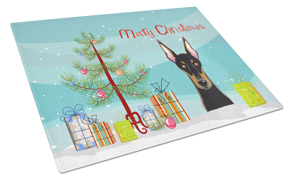 Christmas Tree and Doberman Cutting Board Tempered Glass Kitchen Cutting Surface, Heat Resistant Chopping, Non-Slip Feet, Food Prep & Serving
