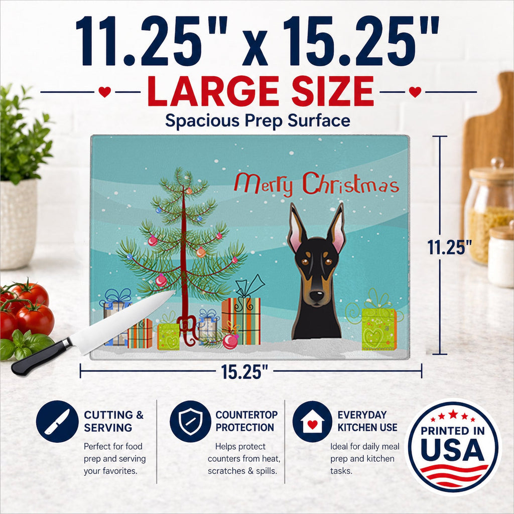 Christmas Tree and Doberman Cutting Board Tempered Glass Kitchen Cutting Surface, Heat Resistant Chopping, Non-Slip Feet, Food Prep & Serving