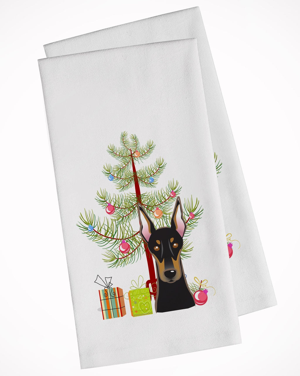 Christmas Tree and Doberman Kitchen Towel Set of 2 White Dish Towels Decorative Bathroom Hand towel for Hand, Face, Hair, Yoga, Tea, Dishcloth, 19 X 28", White