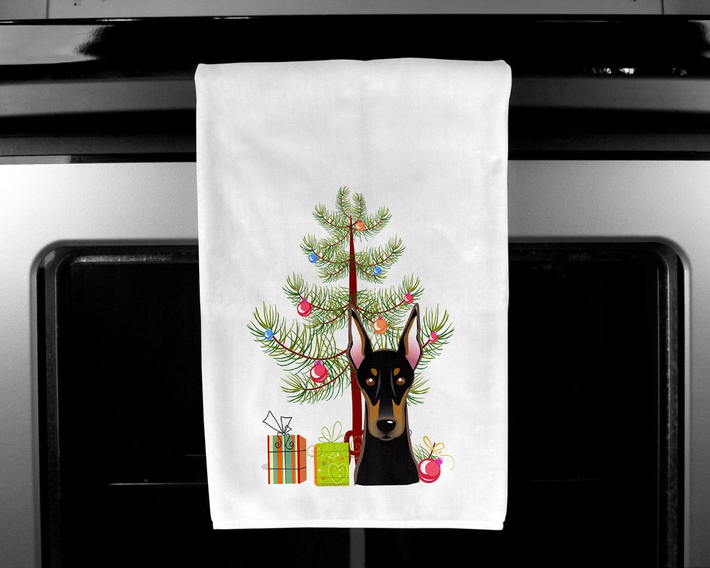 Christmas Tree and Doberman Kitchen Towel Set of 2 White Dish Towels Decorative Bathroom Hand towel for Hand, Face, Hair, Yoga, Tea, Dishcloth, 19 X 28", White