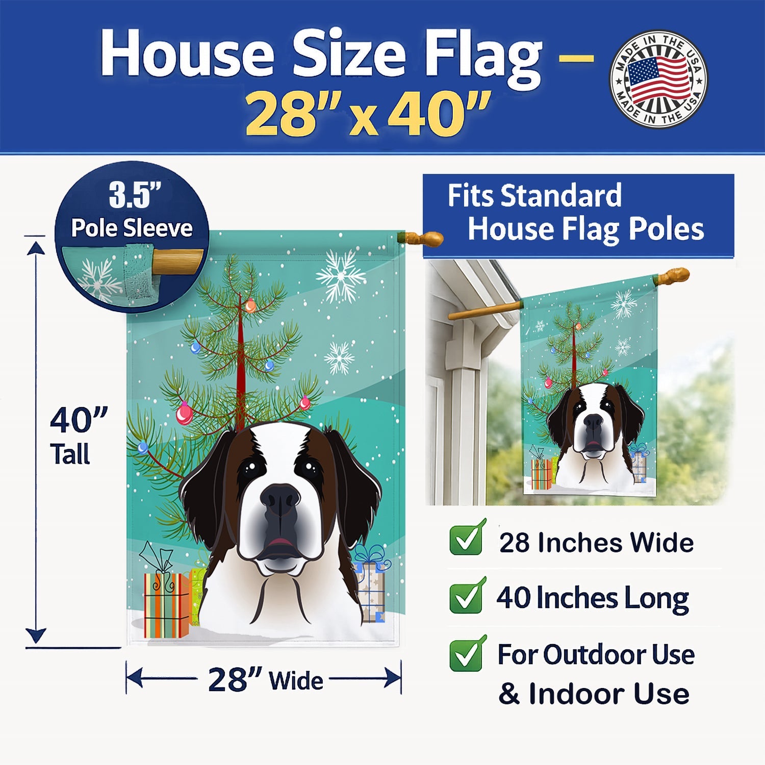 Christmas Tree and Saint Bernard House Flag 28x40 Porch Sleeve Pole Decorative Outside Yard Banner Artwork Wall Hanging, Polyester