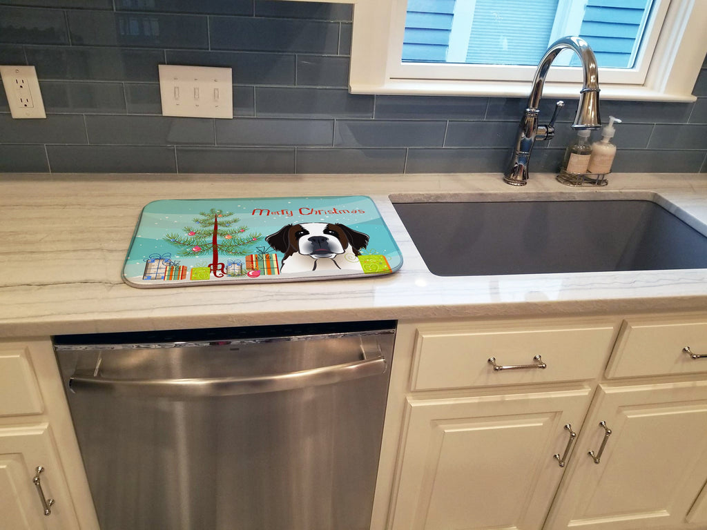 Christmas Tree and Saint Bernard Dish Drying Mat Absorbent Dish Drying Mat Pad for Kitchen Counter Dish Drainer Mat for Countertop, 14 x 21", Multicolor