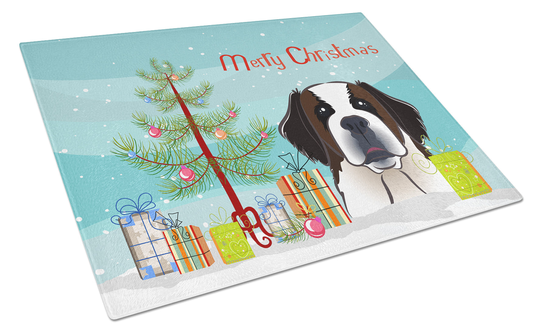 Christmas Tree and Saint Bernard Cutting Board Tempered Glass Kitchen Cutting Surface, Heat Resistant Chopping, Non-Slip Feet, Food Prep & Serving