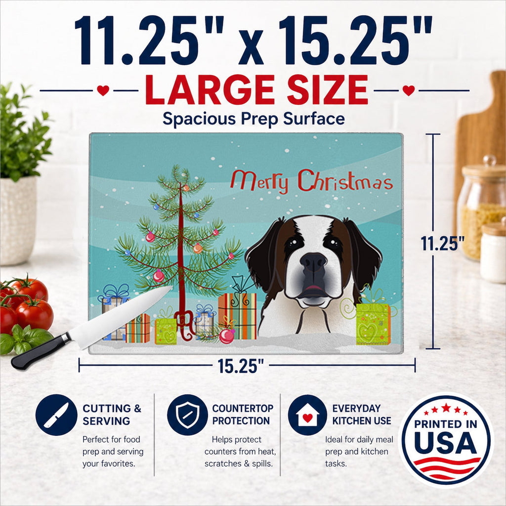 Christmas Tree and Saint Bernard Cutting Board Tempered Glass Kitchen Cutting Surface, Heat Resistant Chopping, Non-Slip Feet, Food Prep & Serving