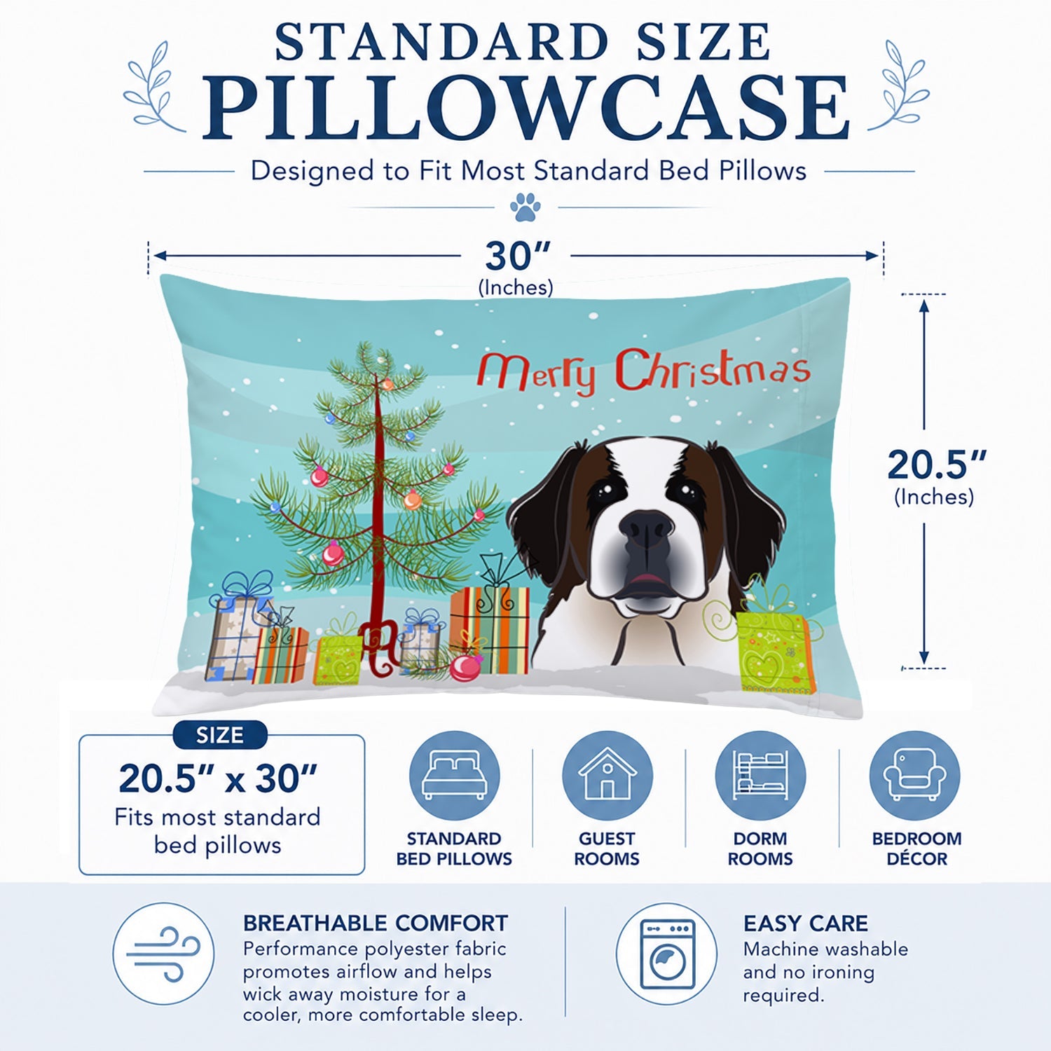 Christmas Tree and Saint Bernard Standard Pillowcase Lightweight Super Soft Easy Care Decorative Artwork Pillowcase, Standard