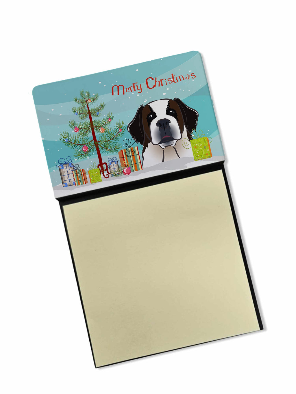 Christmas Tree and Saint Bernard Watercolor Sticky Note Holder Refillable Dispenser Desk Accessory 3x3 Pad Gift