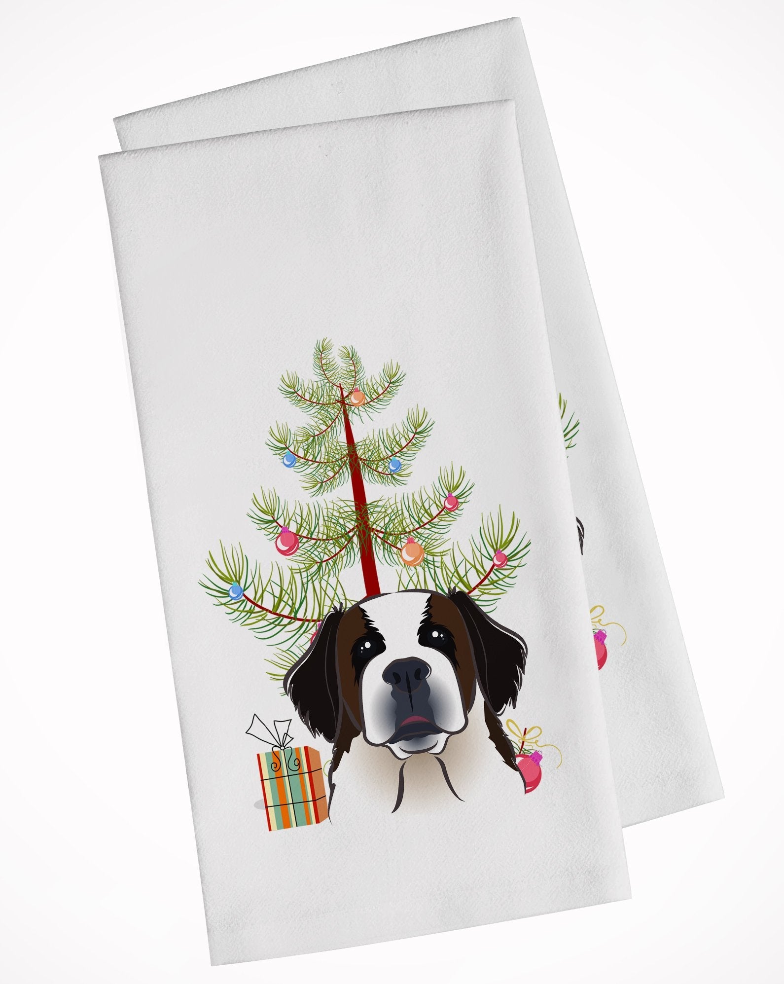 Christmas Tree and Saint Bernard Kitchen Towel Set of 2 White Dish Towels Decorative Bathroom Hand towel for Hand, Face, Hair, Yoga, Tea, Dishcloth, 19 X 28", White