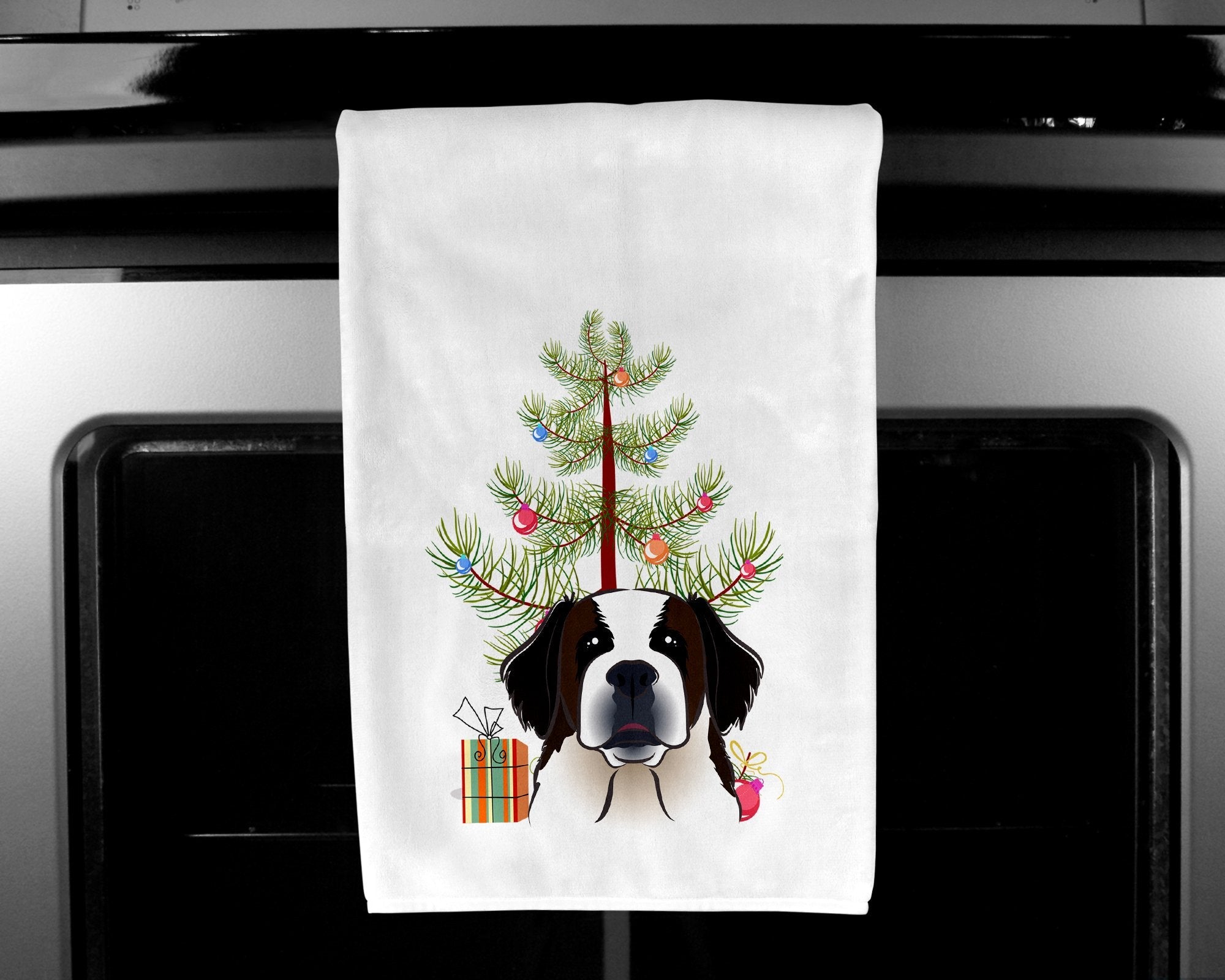 Christmas Tree and Saint Bernard Kitchen Towel Set of 2 White Dish Towels Decorative Bathroom Hand towel for Hand, Face, Hair, Yoga, Tea, Dishcloth, 19 X 28", White
