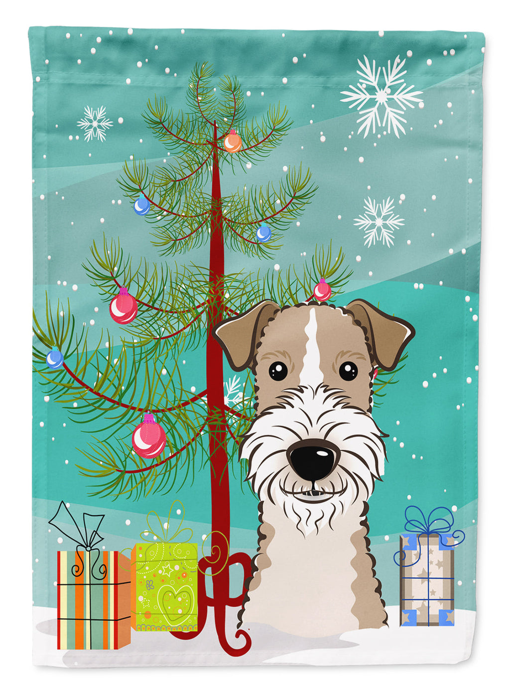 Christmas Tree and Wire Haired Fox Terrier House Flag 28x40 Porch Sleeve Pole Decorative Outside Yard Banner Artwork Wall Hanging, Polyester