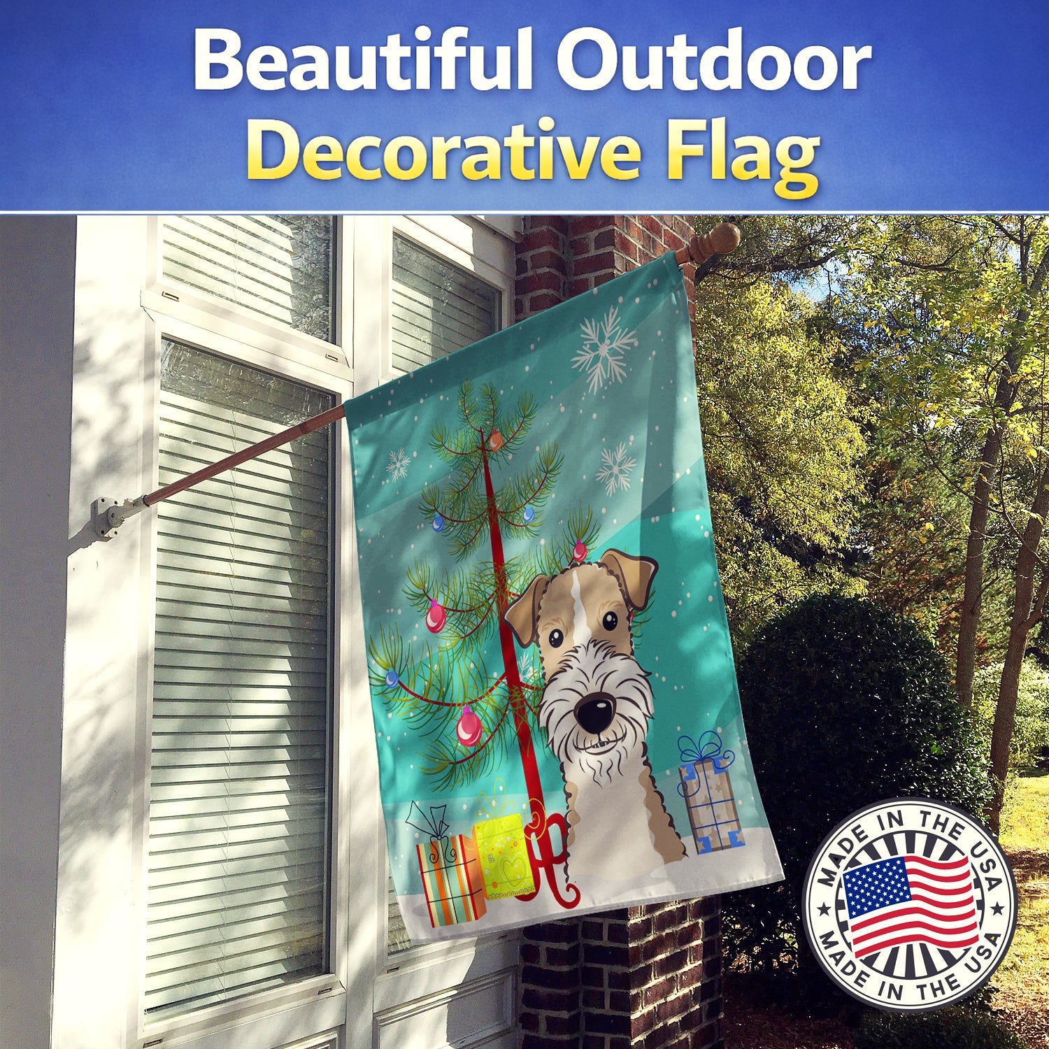 Christmas Tree and Wire Haired Fox Terrier House Flag 28x40 Porch Sleeve Pole Decorative Outside Yard Banner Artwork Wall Hanging, Polyester