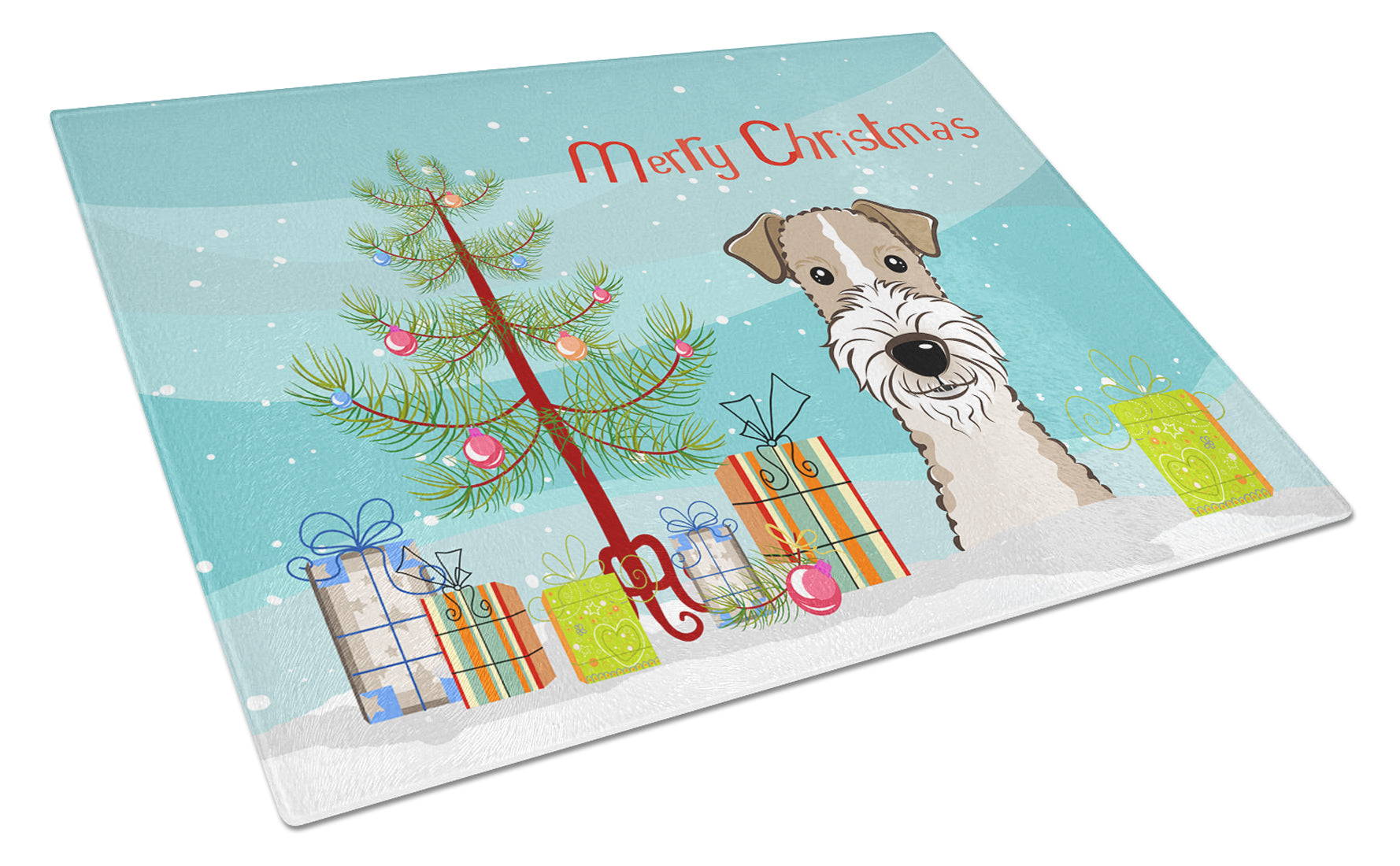 Christmas Tree and Wire Haired Fox Terrier Cutting Board Tempered Glass Kitchen Cutting Surface, Heat Resistant Chopping, Non-Slip Feet, Food Prep & Serving