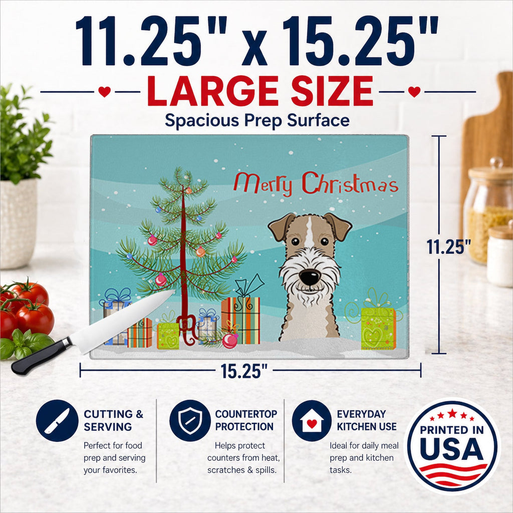 Christmas Tree and Wire Haired Fox Terrier Cutting Board Tempered Glass Kitchen Cutting Surface, Heat Resistant Chopping, Non-Slip Feet, Food Prep & Serving