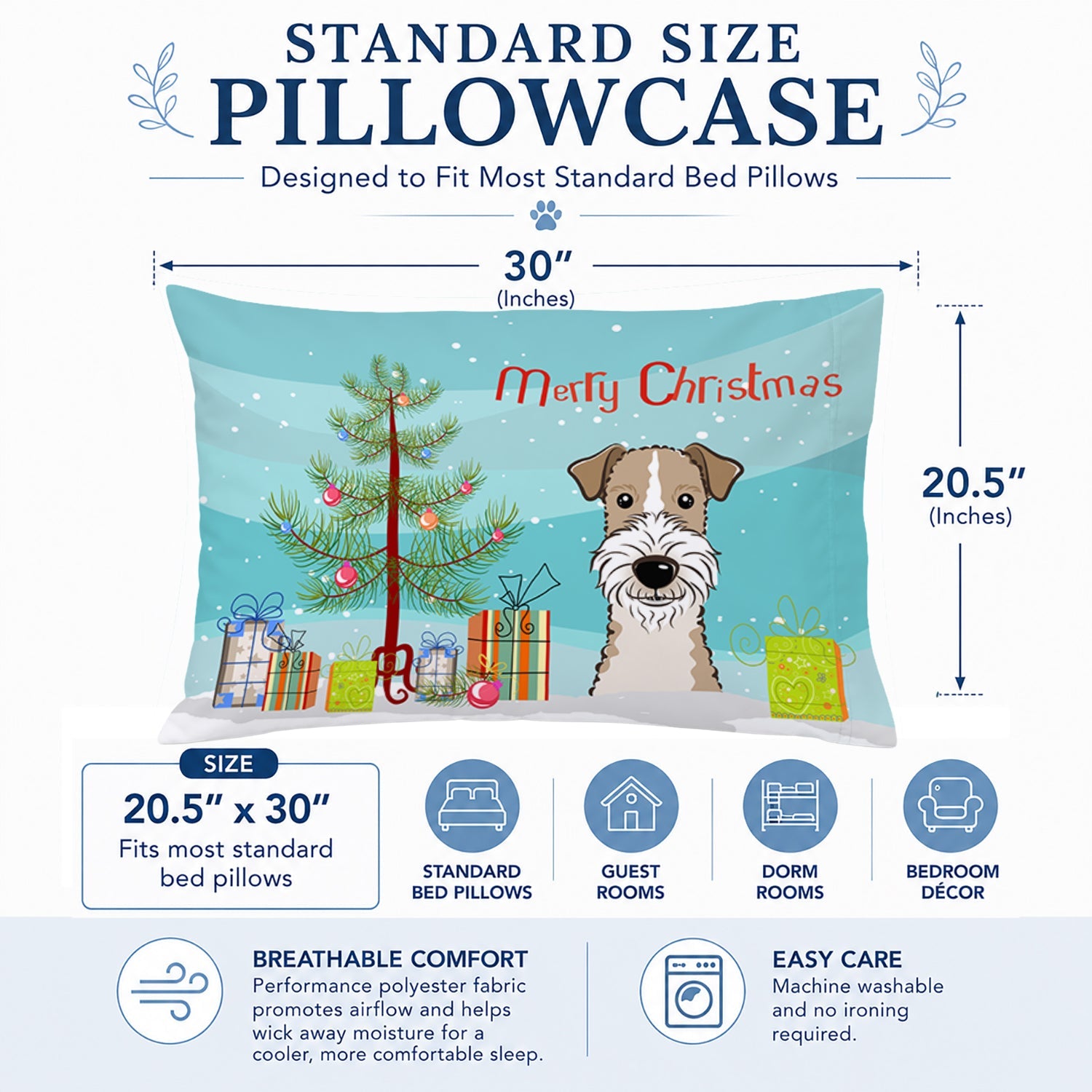 Christmas Tree and Wire Haired Fox Terrier Standard Pillowcase Lightweight Super Soft Easy Care Decorative Artwork Pillowcase, Standard
