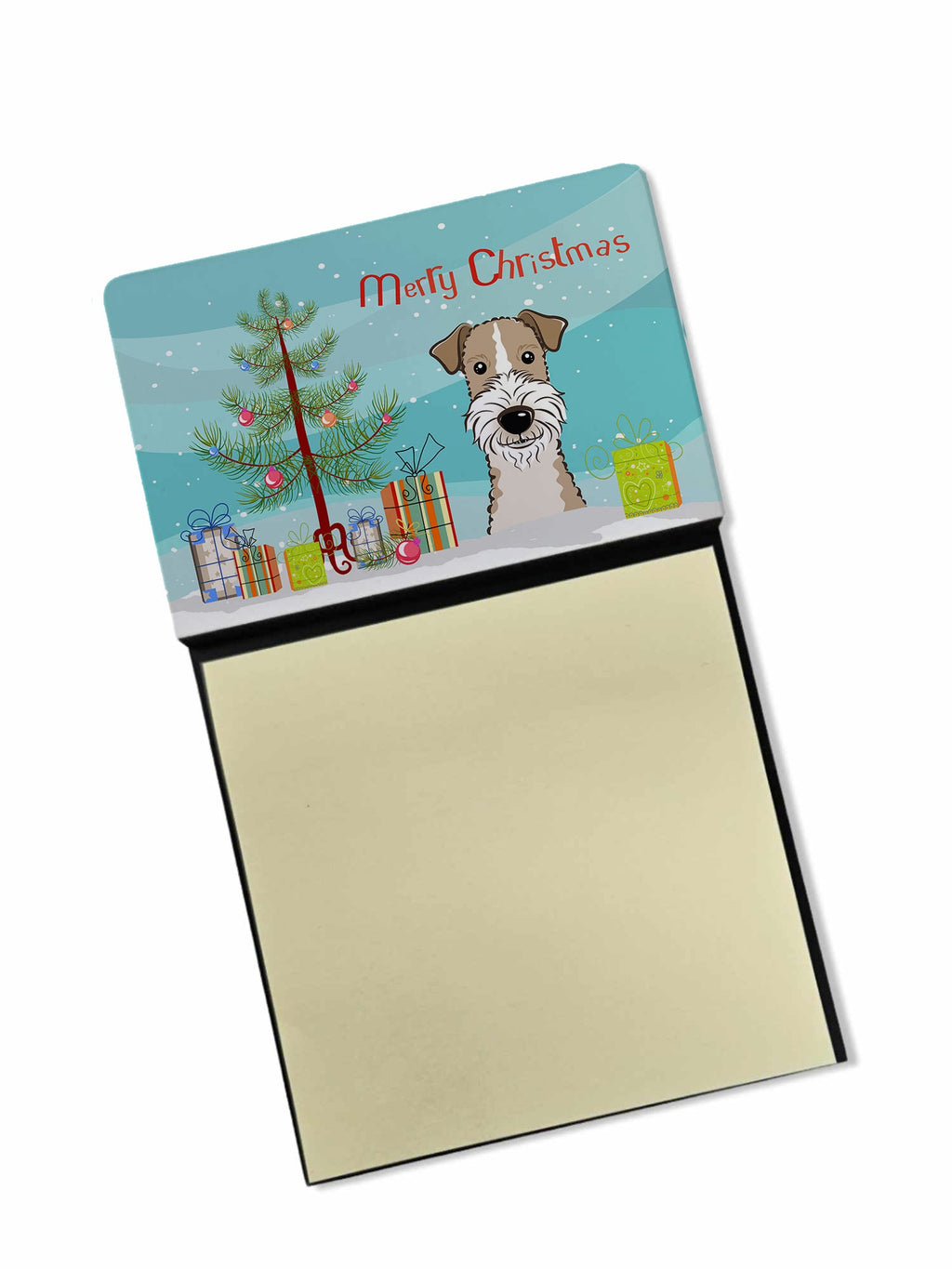Christmas Tree and Wire Haired Fox Terrier Watercolor Sticky Note Holder Refillable Dispenser Desk Accessory 3x3 Pad Gift