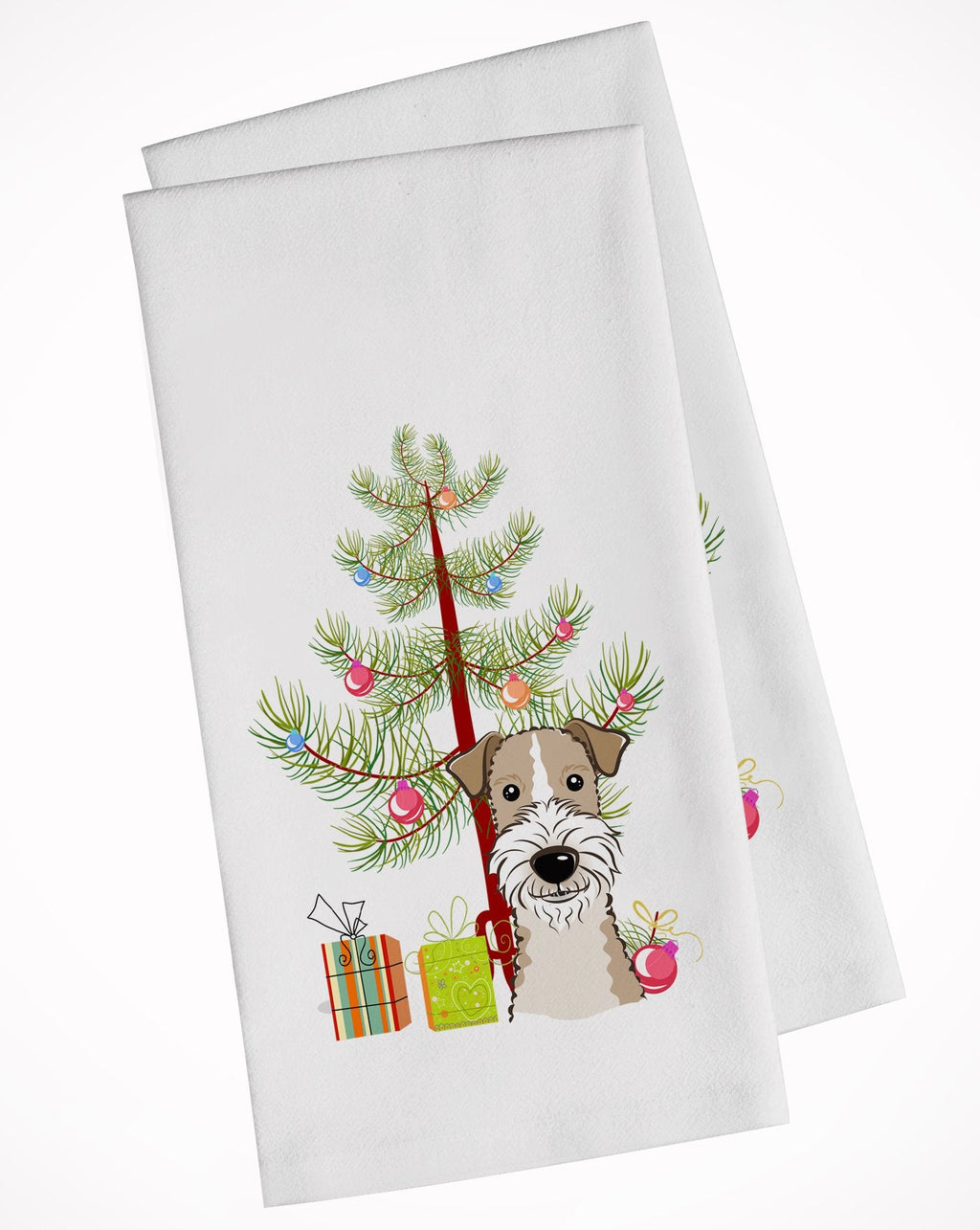 Christmas Tree and Wire Haired Fox Terrier Kitchen Towel Set of 2 White Dish Towels Decorative Bathroom Hand towel for Hand, Face, Hair, Yoga, Tea, Dishcloth, 19 X 28", White