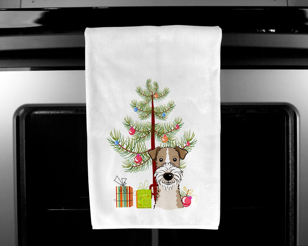 Christmas Tree and Wire Haired Fox Terrier Kitchen Towel Set of 2 White Dish Towels Decorative Bathroom Hand towel for Hand, Face, Hair, Yoga, Tea, Dishcloth, 19 X 28", White