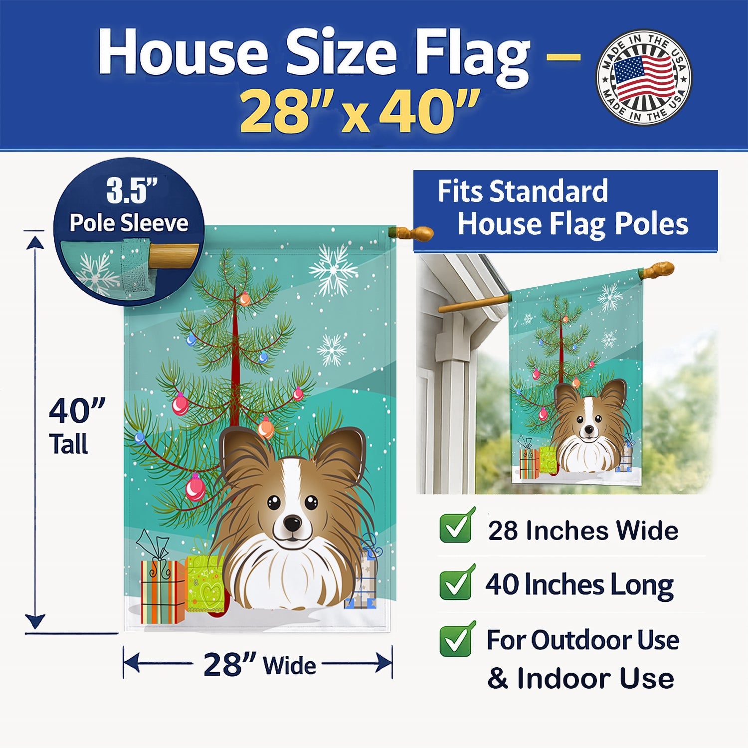 Christmas Tree and Papillon House Flag 28x40 Porch Sleeve Pole Decorative Outside Yard Banner Artwork Wall Hanging, Polyester