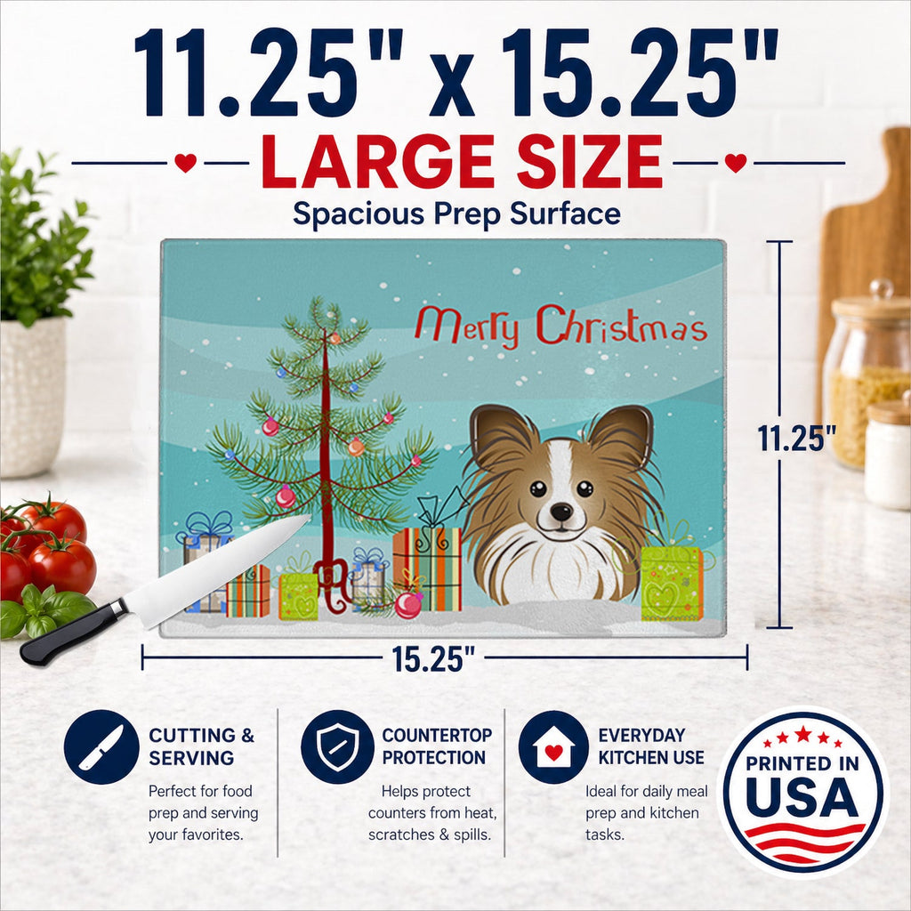 Christmas Tree and Papillon Cutting Board Tempered Glass Kitchen Cutting Surface, Heat Resistant Chopping, Non-Slip Feet, Food Prep & Serving