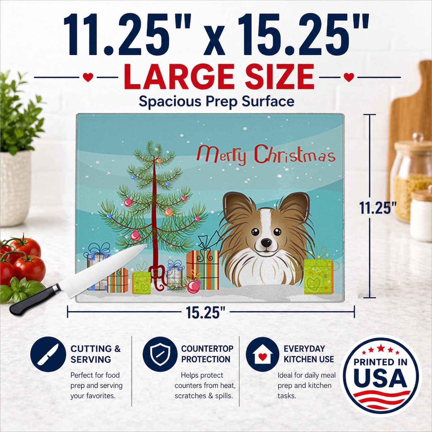 Christmas Tree and Papillon Cutting Board Tempered Glass Kitchen Cutting Surface, Heat Resistant Chopping, Non-Slip Feet, Food Prep & Serving