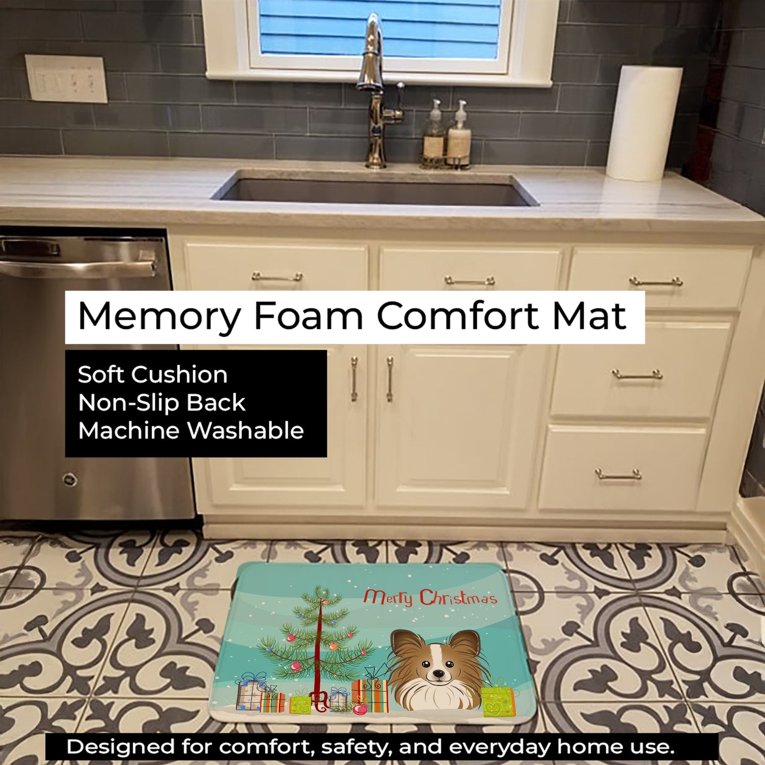 Christmas Tree and Papillon Memory Foam Kitchen Mat Machine Washable Anti-Fatigue Cushion Comfort Bath or Kitchen Rug
