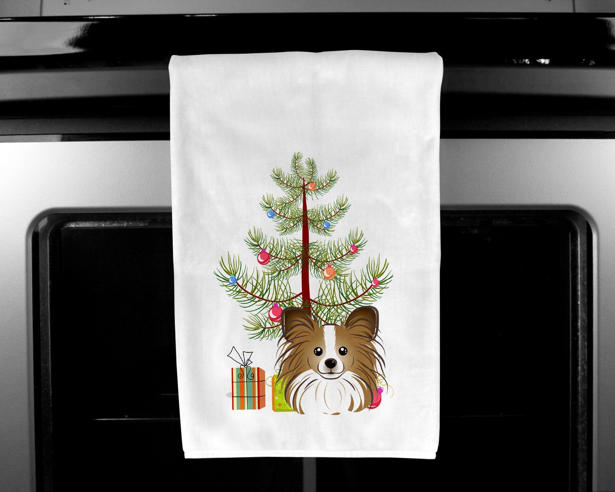 Christmas Tree and Papillon Kitchen Towel Set of 2 White Dish Towels Decorative Bathroom Hand towel for Hand, Face, Hair, Yoga, Tea, Dishcloth, 19 X 28", White