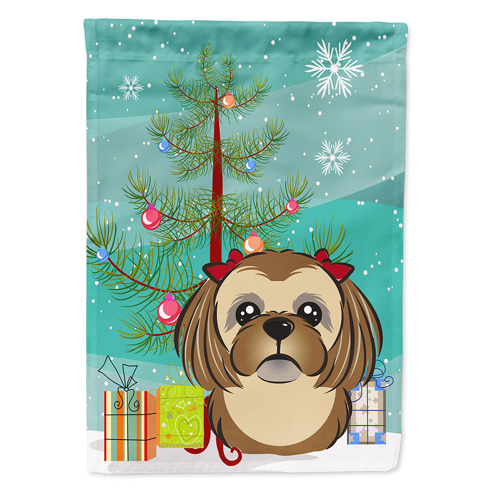 Christmas Tree and Chocolate Brown Shih Tzu House Flag 28x40 Porch Sleeve Pole Decorative Outside Yard Banner Artwork Wall Hanging, Polyester