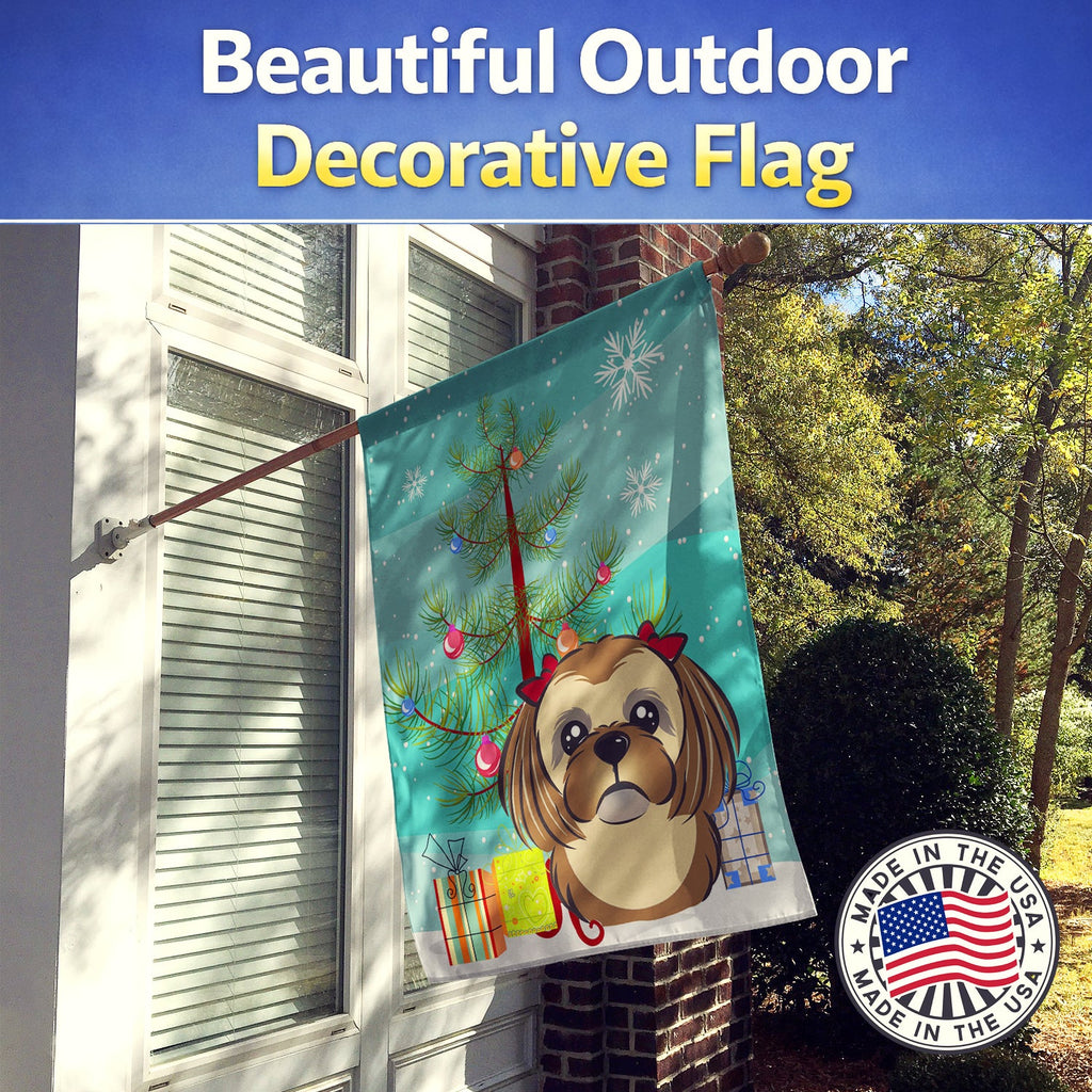 Christmas Tree and Chocolate Brown Shih Tzu House Flag 28x40 Porch Sleeve Pole Decorative Outside Yard Banner Artwork Wall Hanging, Polyester