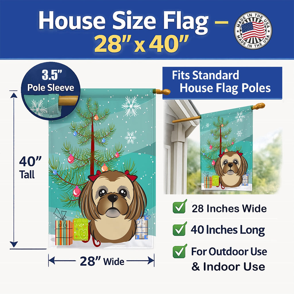 Christmas Tree and Chocolate Brown Shih Tzu House Flag 28x40 Porch Sleeve Pole Decorative Outside Yard Banner Artwork Wall Hanging, Polyester