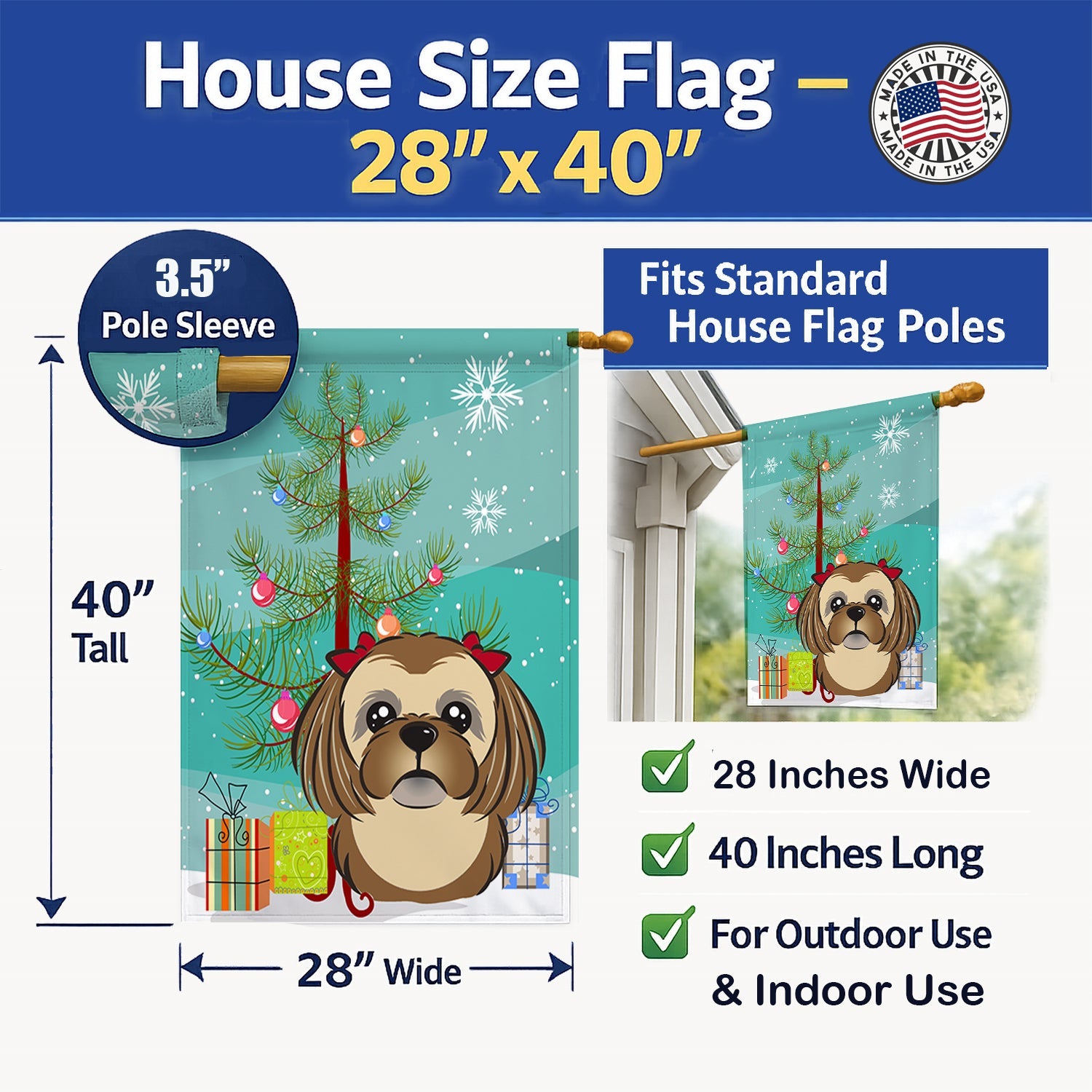 Christmas Tree and Chocolate Brown Shih Tzu House Flag 28x40 Porch Sleeve Pole Decorative Outside Yard Banner Artwork Wall Hanging, Polyester
