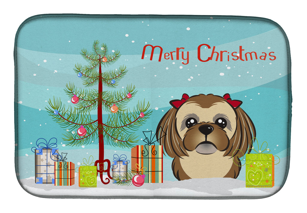 Christmas Tree and Chocolate Brown Shih Tzu Dish Drying Mat Absorbent Dish Drying Mat Pad for Kitchen Counter Dish Drainer Mat for Countertop, 14 x 21", Multicolor