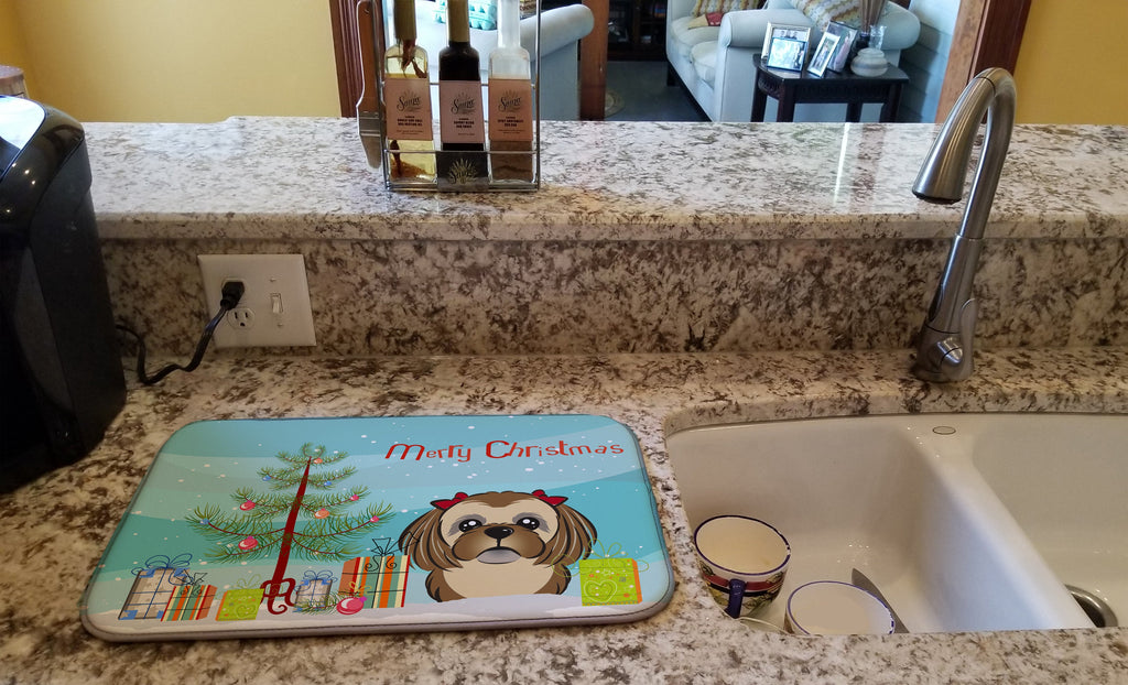 Christmas Tree and Chocolate Brown Shih Tzu Dish Drying Mat Absorbent Dish Drying Mat Pad for Kitchen Counter Dish Drainer Mat for Countertop, 14 x 21", Multicolor