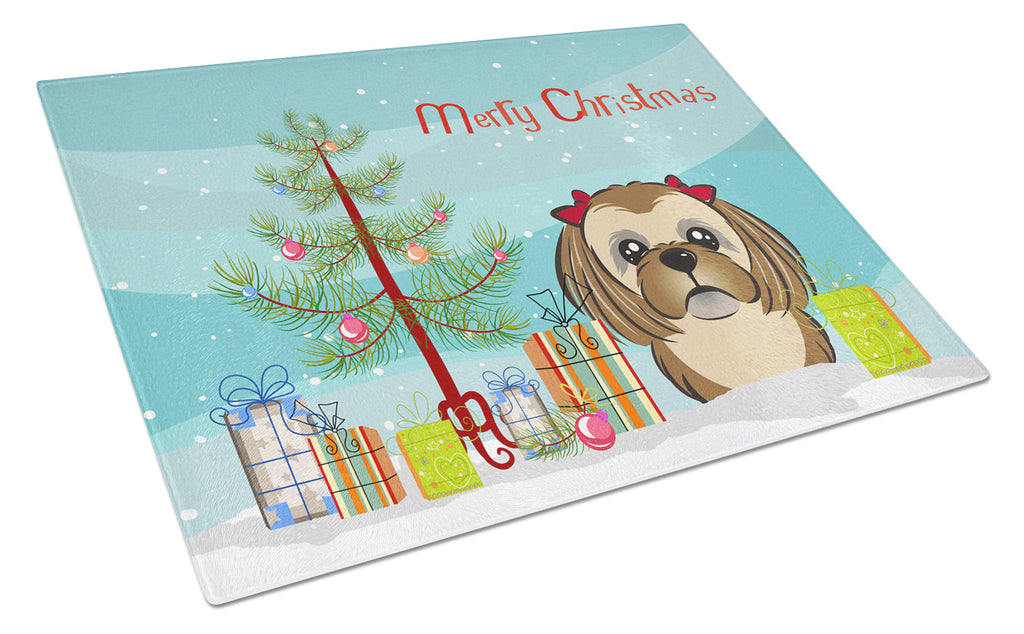 Christmas Tree and Chocolate Brown Shih Tzu Cutting Board Tempered Glass Kitchen Cutting Surface, Heat Resistant Chopping, Non-Slip Feet, Food Prep & Serving