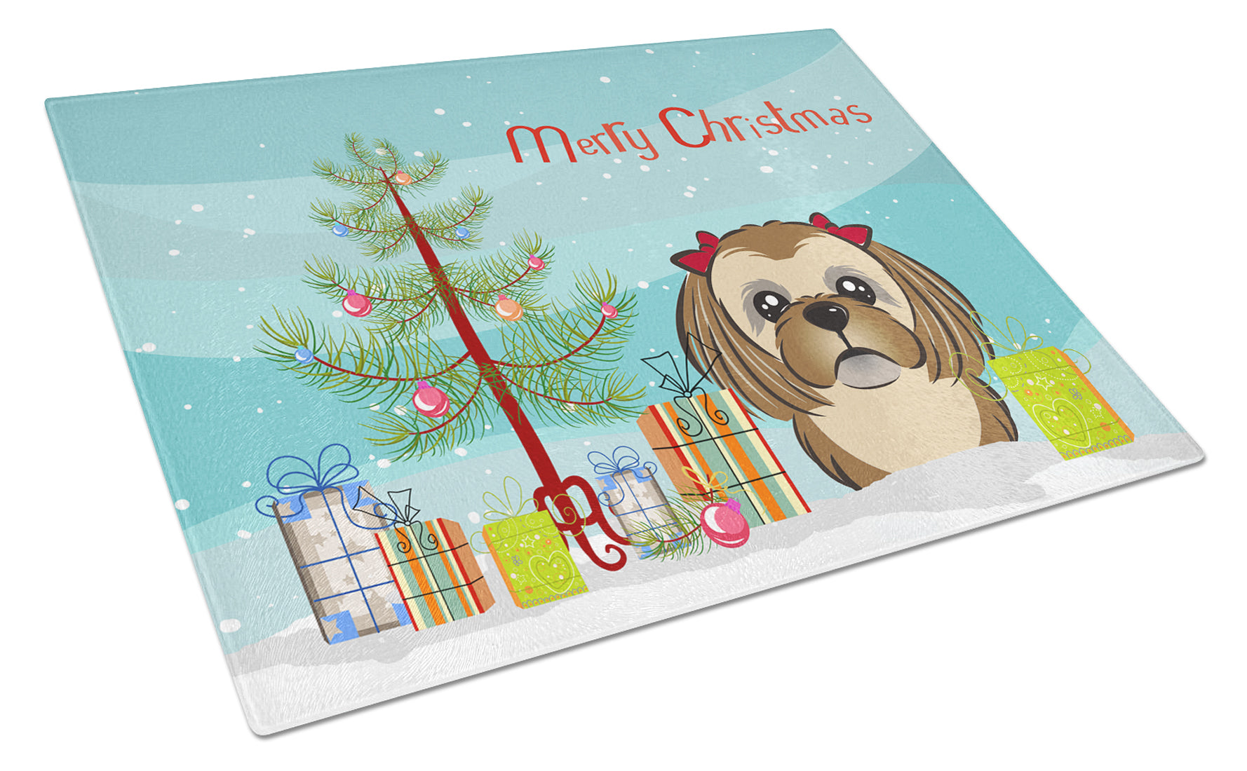 Christmas Tree and Chocolate Brown Shih Tzu Cutting Board Tempered Glass Kitchen Cutting Surface, Heat Resistant Chopping, Non-Slip Feet, Food Prep & Serving