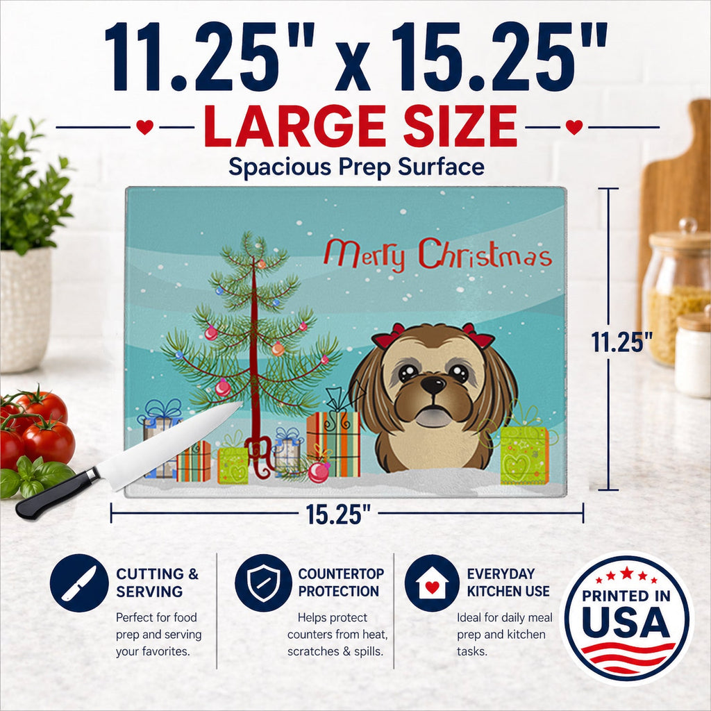 Christmas Tree and Chocolate Brown Shih Tzu Cutting Board Tempered Glass Kitchen Cutting Surface, Heat Resistant Chopping, Non-Slip Feet, Food Prep & Serving