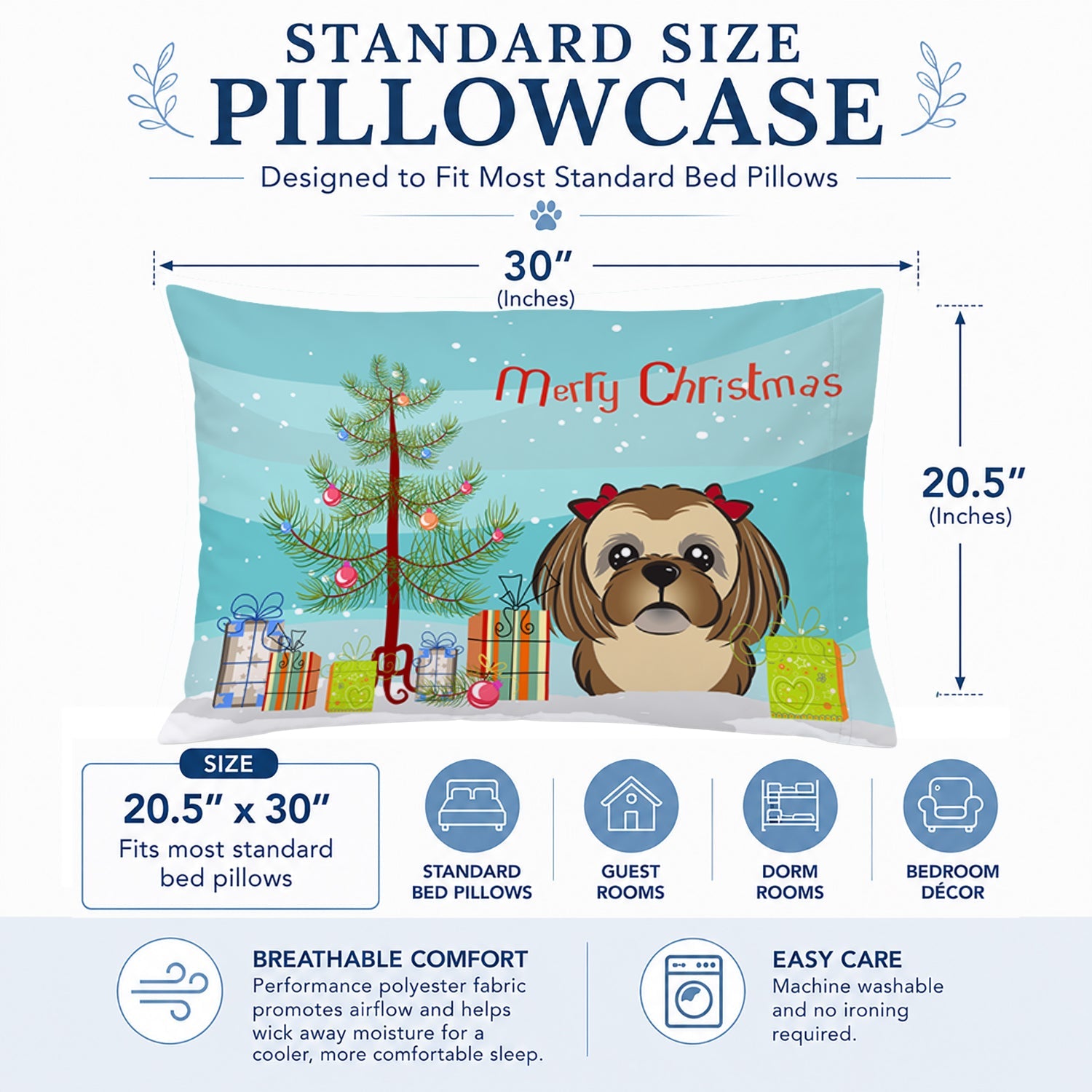 Christmas Tree and Chocolate Brown Shih Tzu Standard Pillowcase Lightweight Super Soft Easy Care Decorative Artwork Pillowcase, Standard