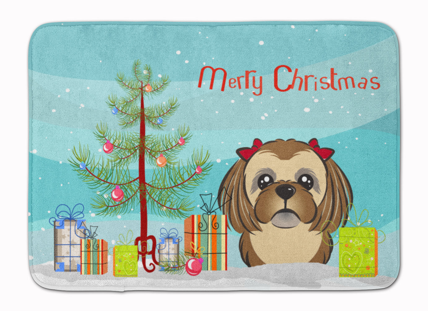 Christmas Tree and Chocolate Brown Shih Tzu Memory Foam Kitchen Mat Machine Washable Anti-Fatigue Cushion Comfort Bath or Kitchen Rug