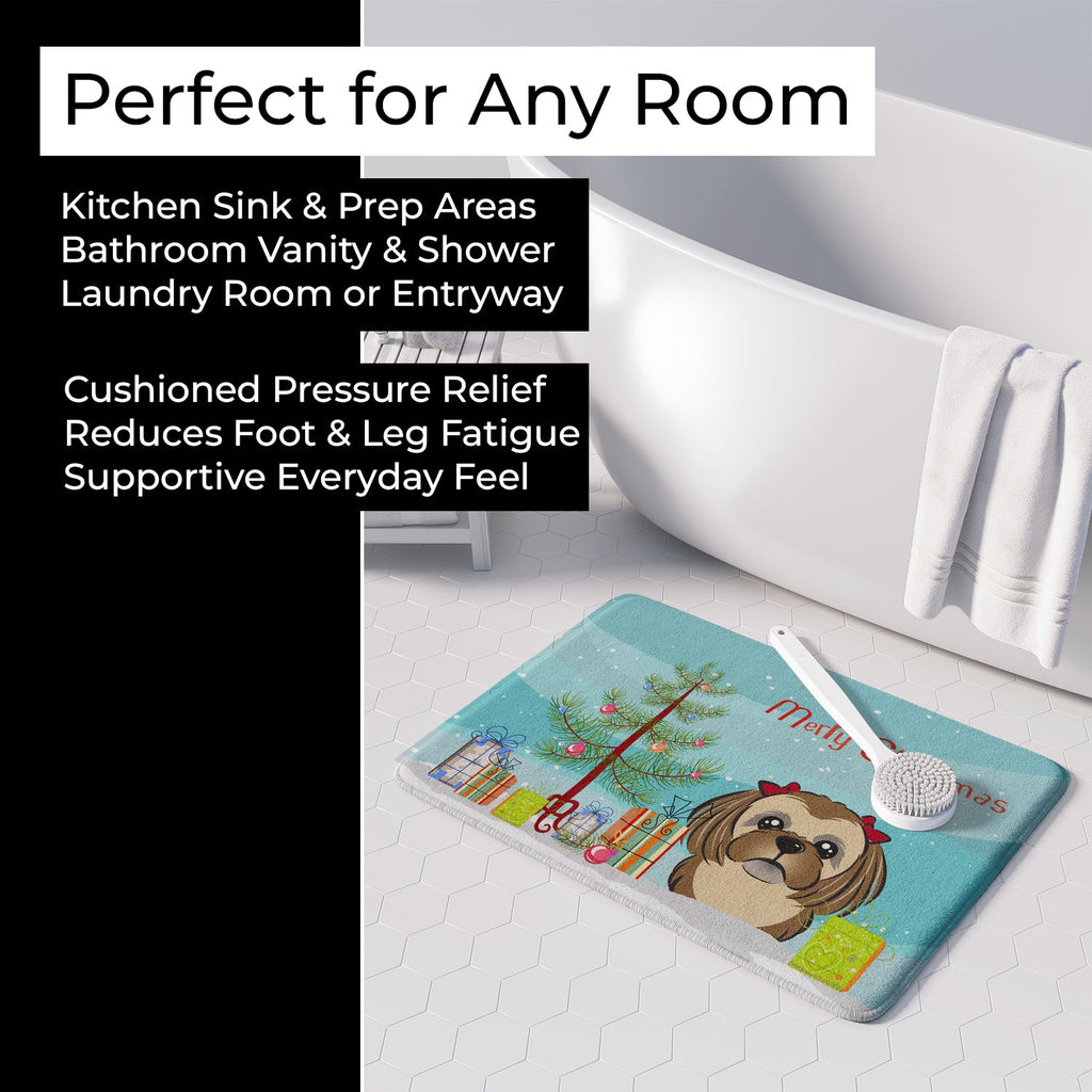 Christmas Tree and Chocolate Brown Shih Tzu Memory Foam Kitchen Mat Machine Washable Anti-Fatigue Cushion Comfort Bath or Kitchen Rug