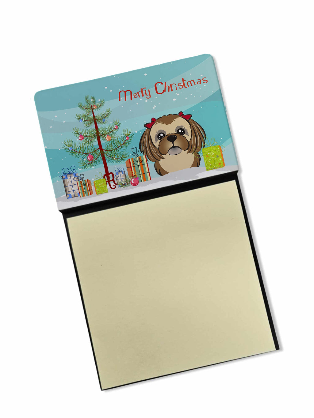 Christmas Tree and Chocolate Brown Shih Tzu Watercolor Sticky Note Holder Refillable Dispenser Desk Accessory 3x3 Pad Gift