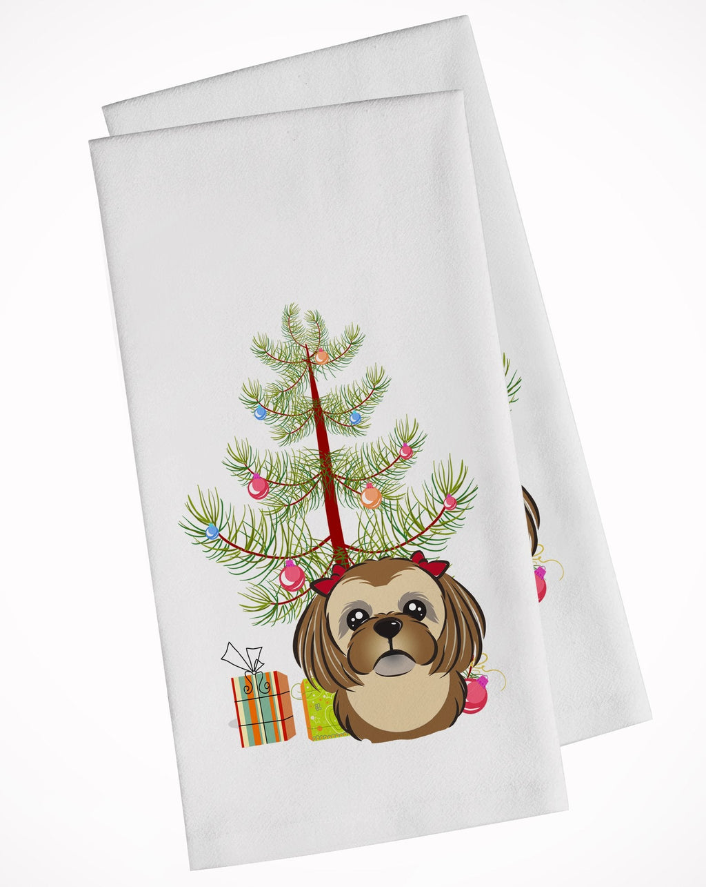 Christmas Tree and Chocolate Brown Shih Tzu Kitchen Towel Set of 2 White Dish Towels Decorative Bathroom Hand towel for Hand, Face, Hair, Yoga, Tea, Dishcloth, 19 X 28", White