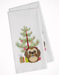 Christmas Tree and Chocolate Brown Shih Tzu Kitchen Towel Set of 2 White Dish Towels Decorative Bathroom Hand towel for Hand, Face, Hair, Yoga, Tea, Dishcloth, 19 X 28", White