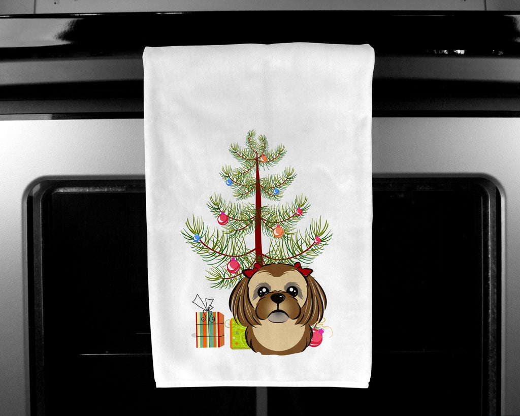 Christmas Tree and Chocolate Brown Shih Tzu Kitchen Towel Set of 2 White Dish Towels Decorative Bathroom Hand towel for Hand, Face, Hair, Yoga, Tea, Dishcloth, 19 X 28", White