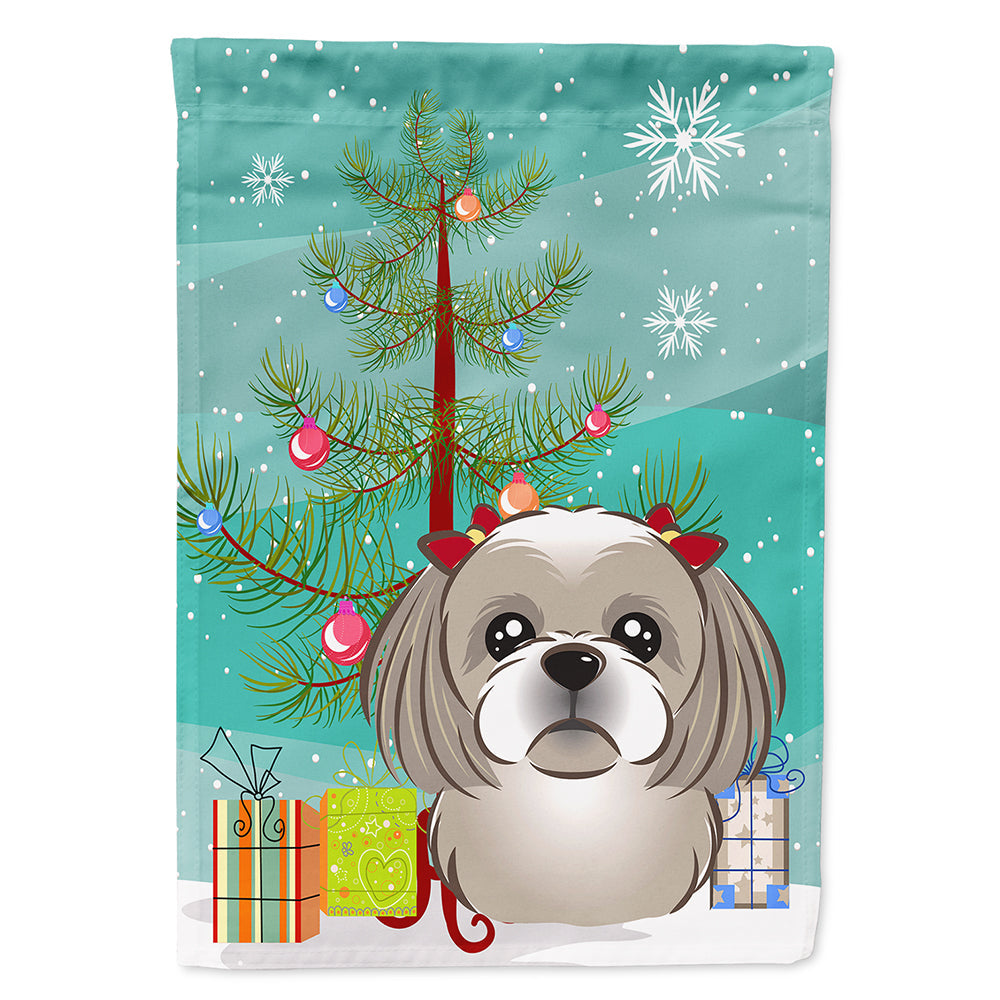 Christmas Tree and Gray Silver Shih Tzu House Flag 28x40 Porch Sleeve Pole Decorative Outside Yard Banner Artwork Wall Hanging, Polyester