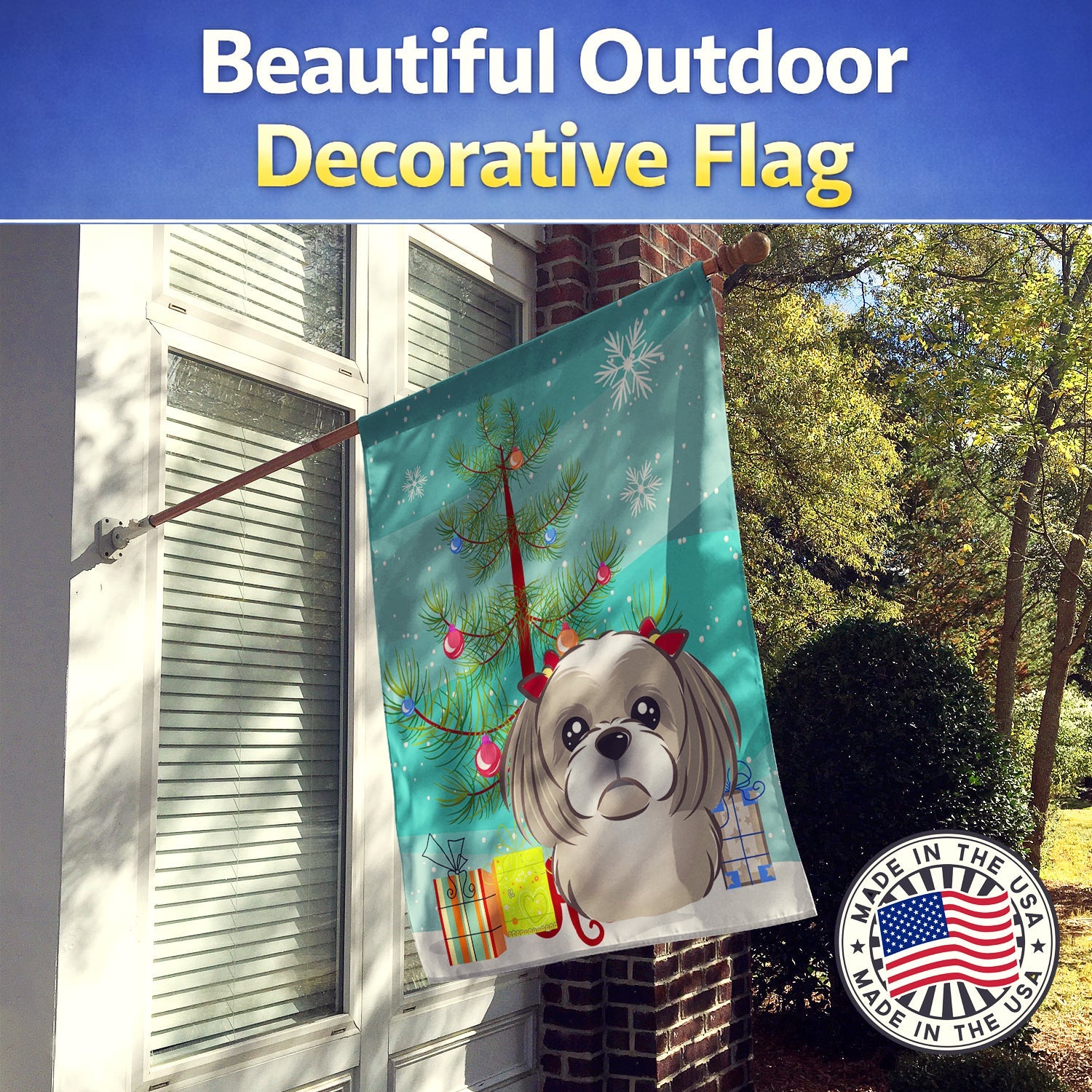 Christmas Tree and Gray Silver Shih Tzu House Flag 28x40 Porch Sleeve Pole Decorative Outside Yard Banner Artwork Wall Hanging, Polyester