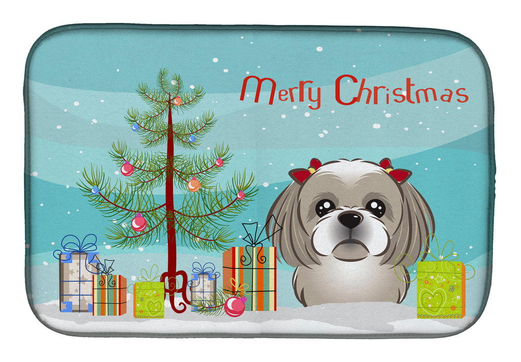 Christmas Tree and Gray Silver Shih Tzu Dish Drying Mat Absorbent Dish Drying Mat Pad for Kitchen Counter Dish Drainer Mat for Countertop, 14 x 21", Multicolor