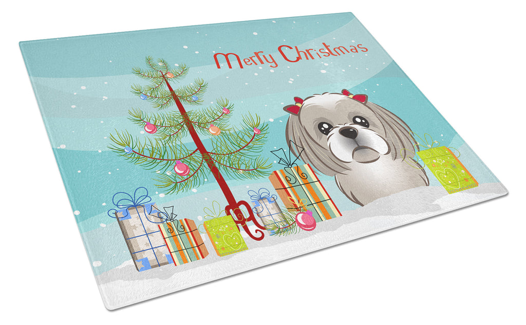 Christmas Tree and Gray Silver Shih Tzu Cutting Board Tempered Glass Kitchen Cutting Surface, Heat Resistant Chopping, Non-Slip Feet, Food Prep & Serving